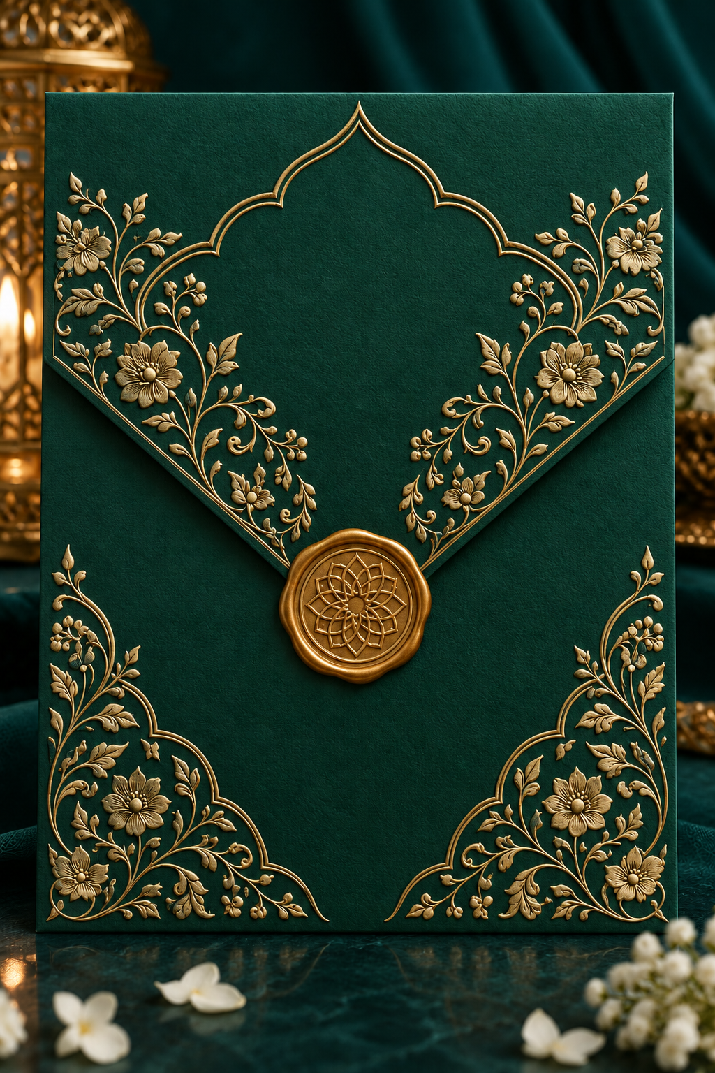 Emerald green floral envelope with a gold wax seal